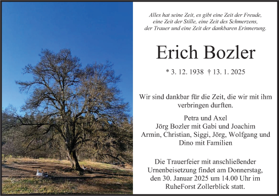 Traueranzeige von Erich Bozler von SÜDWEST PRESSE Zollernalbkreis/Hohenzollerische Zeitung