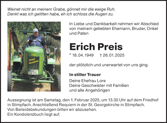 Traueranzeige von Erich Preis von Hohenloher Tagblatt