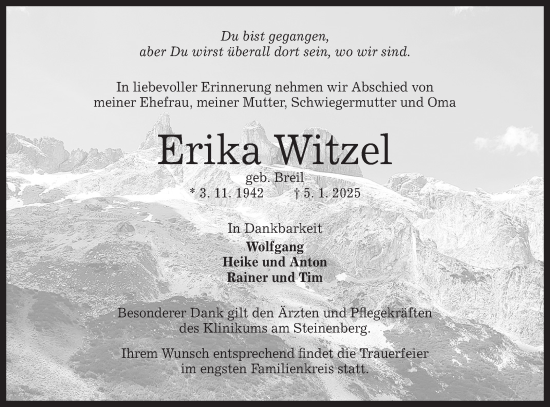 Traueranzeige von Erika Witzel von Alb-Bote/Metzinger-Uracher Volksblatt