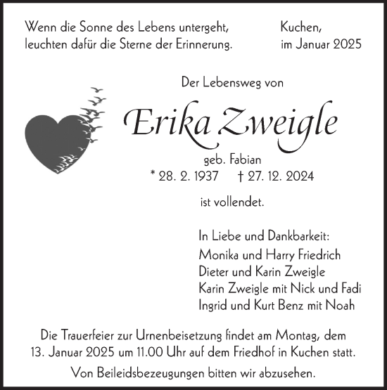Traueranzeige von Erika Zweigle von Geislinger Zeitung