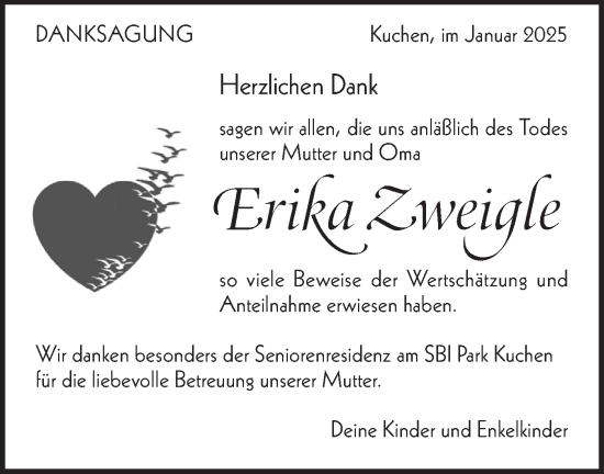Traueranzeige von Erika Zweigle von Geislinger Zeitung
