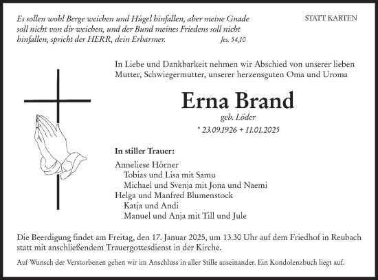 Traueranzeige von Erna Brand von Hohenloher Tagblatt