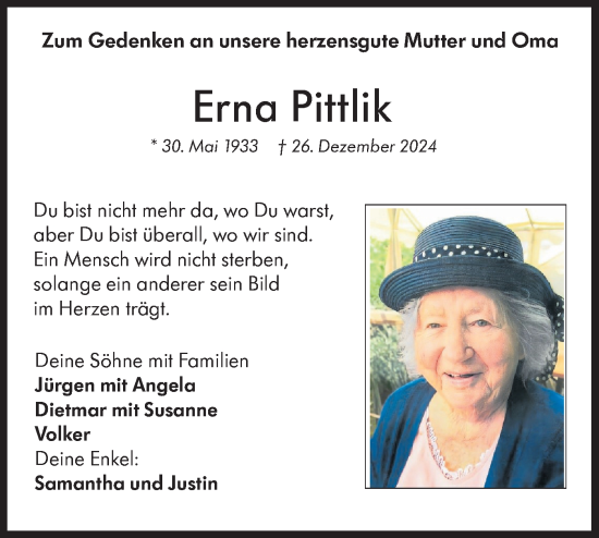 Traueranzeige von Erna Pittlik von Hohenloher Tagblatt