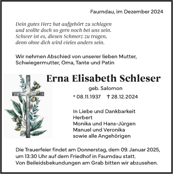 Traueranzeige von Erna Elisabeth Schleser von NWZ Neue Württembergische Zeitung