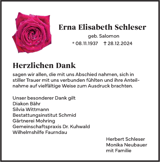 Traueranzeige von Erna Elisabeth Schleser von NWZ Neue Württembergische Zeitung