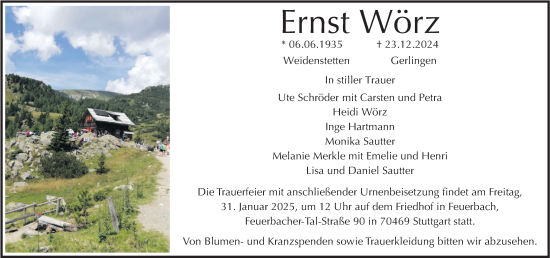 Traueranzeige von Ernst Wörz von SÜDWEST PRESSE Ausgabe Ulm/Neu-Ulm