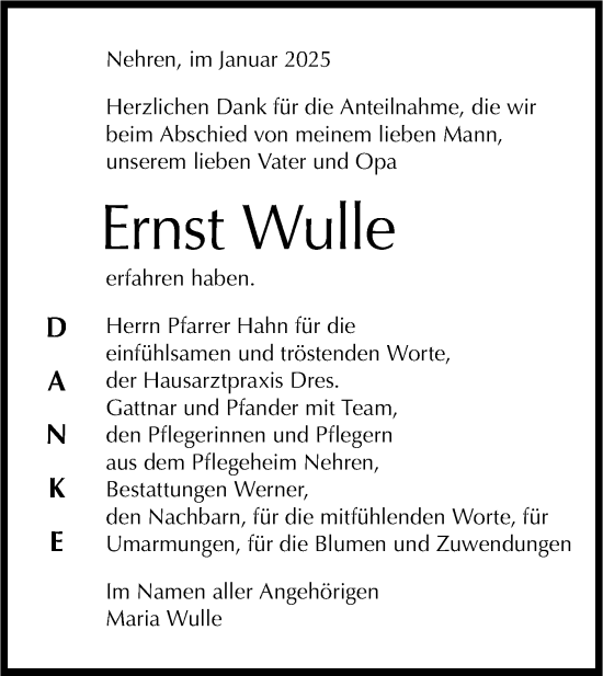 Traueranzeige von Ernst Wulle von Schwäbische Tagblatt