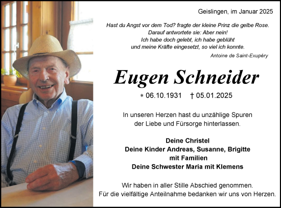 Traueranzeige von Eugen Schneider von SÜDWEST PRESSE Zollernalbkreis/Hohenzollerische Zeitung