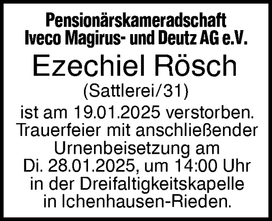 Traueranzeige von Ezechiel Rösch von SÜDWEST PRESSE Ausgabe Ulm/Neu-Ulm