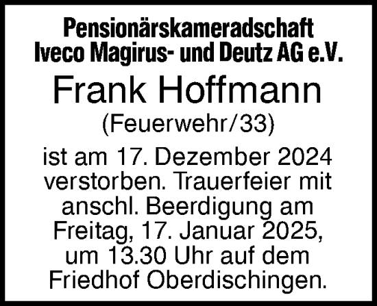Traueranzeige von Frank Hoffmann von SÜDWEST PRESSE Ausgabe Ulm/Neu-Ulm