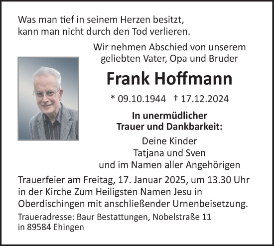 Traueranzeige von Frank Hoffmann von Ehinger Tagblatt