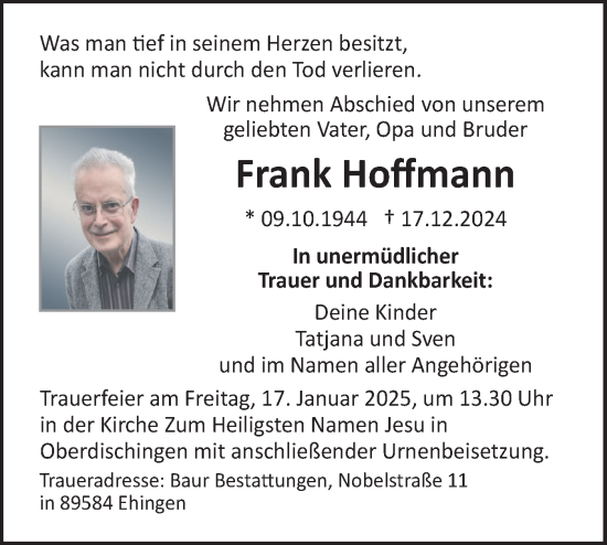 Traueranzeige von Frank Hoffmann von SÜDWEST PRESSE Ausgabe Ulm/Neu-Ulm