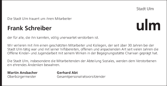 Traueranzeige von Frank Schreiber von SÜDWEST PRESSE Ausgabe Ulm/Neu-Ulm