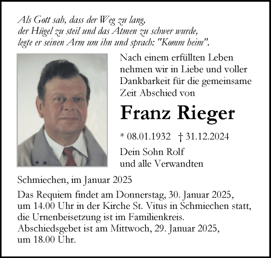 Traueranzeige von Franz Rieger von Ehinger Tagblatt