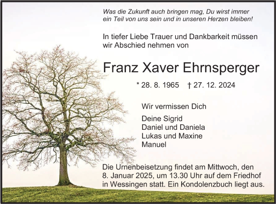 Traueranzeige von Franz Xaver Ehrnsperger von SÜDWEST PRESSE Zollernalbkreis/Hohenzollerische Zeitung