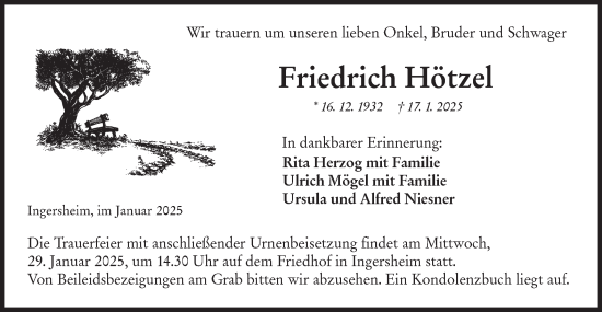 Traueranzeige von Friedrich Hötzel von Hohenloher Tagblatt