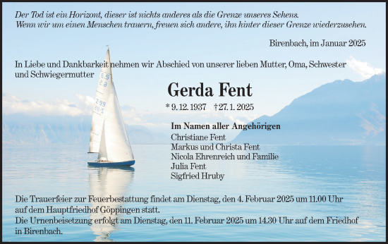 Traueranzeige von Gerda Fent von NWZ Neue Württembergische Zeitung