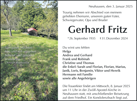 Traueranzeige von Gerhard Fritz von Alb-Bote/Metzinger-Uracher Volksblatt