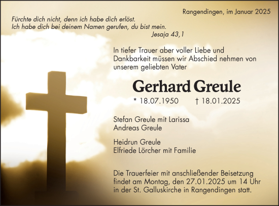 Traueranzeige von Gerhard Greule von SÜDWEST PRESSE Zollernalbkreis/Hohenzollerische Zeitung