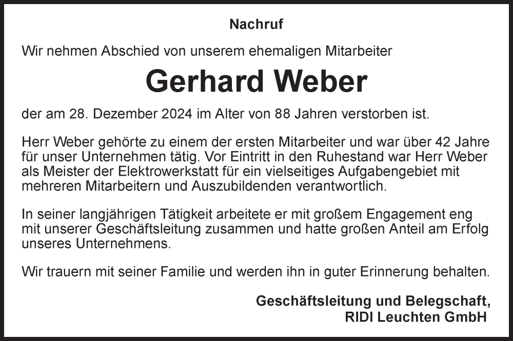  Traueranzeige für Gerhard Weber vom 15.01.2025 aus SÜDWEST PRESSE Zollernalbkreis/Hohenzollerische Zeitung