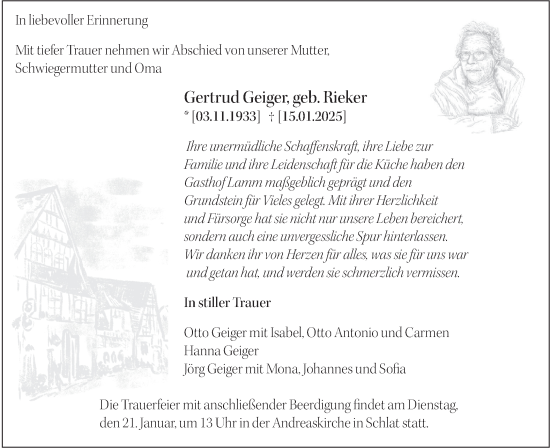 Traueranzeige von Gertrud Geiger von NWZ Neue Württembergische Zeitung