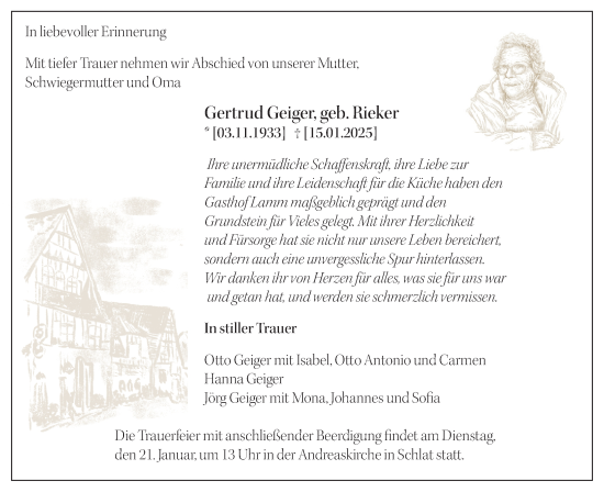 Traueranzeige von Gertrud Geiger von Geislinger Zeitung