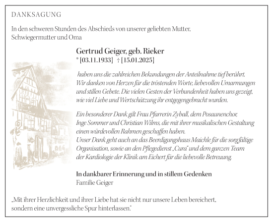 Traueranzeige von Gertrud Geiger von Geislinger Zeitung