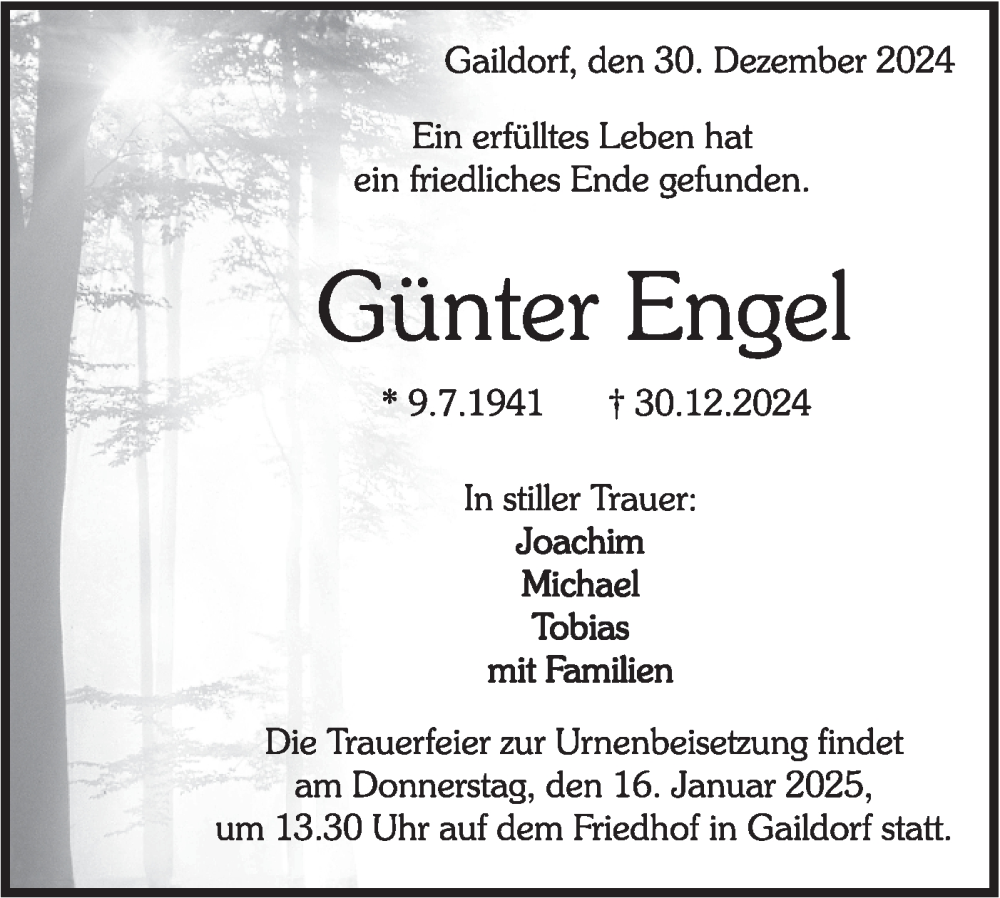  Traueranzeige für Günter Engel vom 14.01.2025 aus Rundschau Gaildorf
