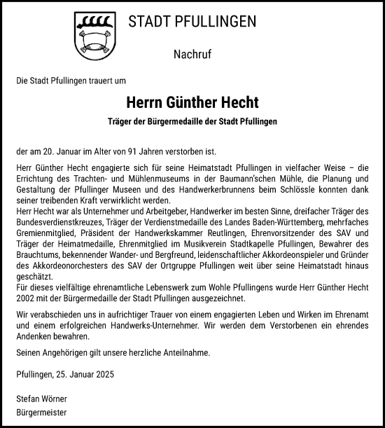 Traueranzeige von Günther Hecht von Alb-Bote/Metzinger-Uracher Volksblatt