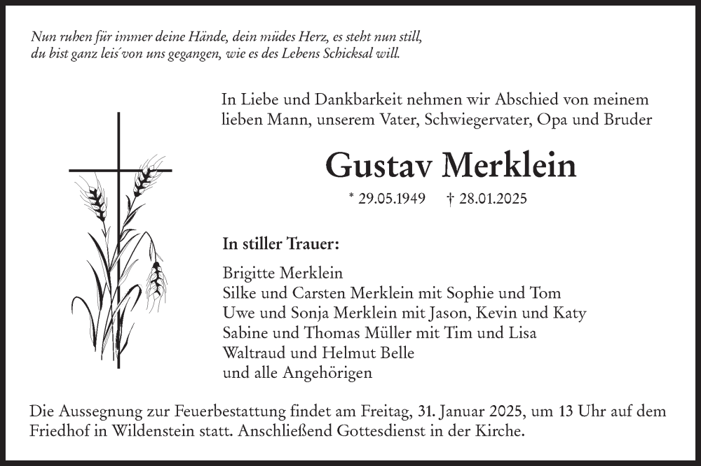  Traueranzeige für Gustav Merklein vom 29.01.2025 aus Hohenloher Tagblatt