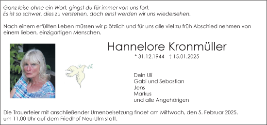 Traueranzeige von Hannelore Kronmüller von SÜDWEST PRESSE Ausgabe Ulm/Neu-Ulm