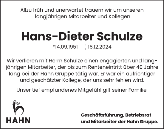 Traueranzeige von Hans-Dieter Schulze von NWZ Neue Württembergische Zeitung