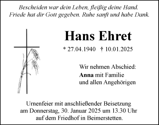 Traueranzeige von Hans Ehret von SÜDWEST PRESSE Ausgabe Ulm/Neu-Ulm