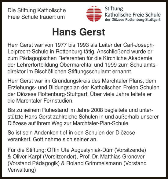 Traueranzeige von Hans Gerst von Schwäbische Tagblatt