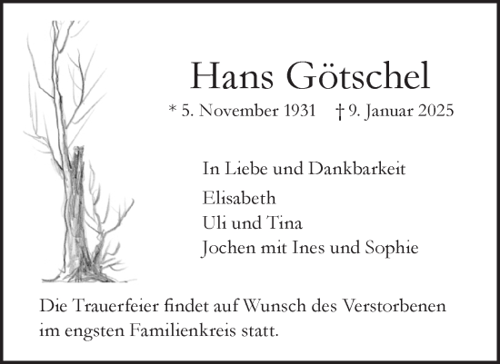 Traueranzeige von Hans Götschel von SÜDWEST PRESSE Ausgabe Ulm/Neu-Ulm