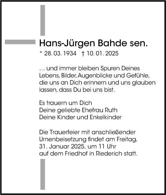 Traueranzeige von Hans-Jürgen Bahde von Alb-Bote/Metzinger-Uracher Volksblatt