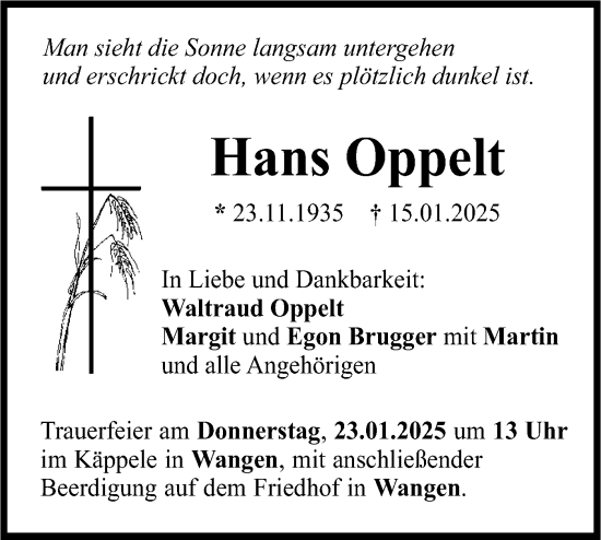 Traueranzeige von Hans Oppelt von SÜDWEST PRESSE Ausgabe Ulm/Neu-Ulm