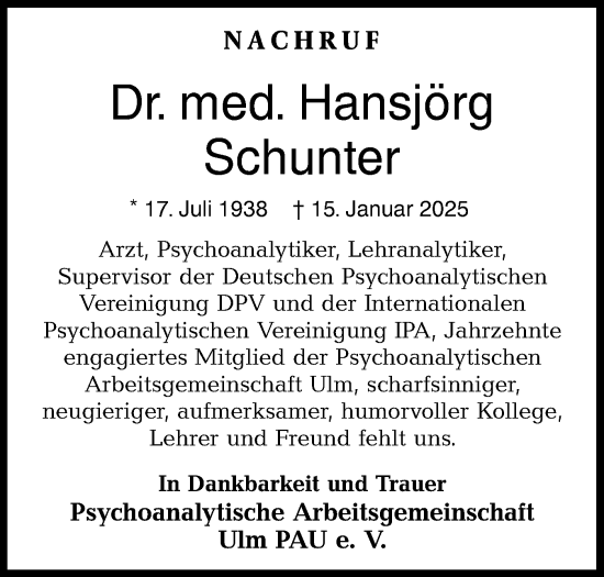 Traueranzeige von Hansjörg Schunter von SÜDWEST PRESSE Ausgabe Ulm/Neu-Ulm