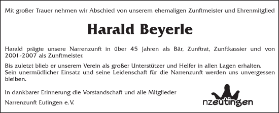 Traueranzeige von Harald Beyerle von Neckar-Chronik