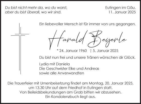 Traueranzeige von Harald Beyerle von Neckar-Chronik