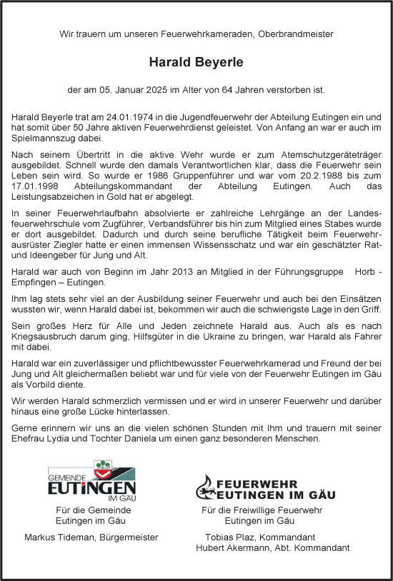 Traueranzeige von Harald Beyerle von Neckar-Chronik