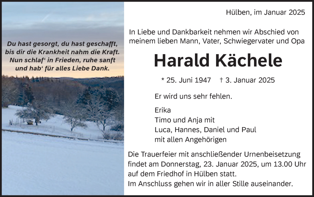  Traueranzeige für Harald Kächele vom 11.01.2025 aus Alb-Bote/Metzinger-Uracher Volksblatt