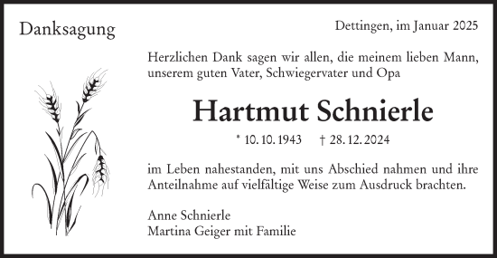 Traueranzeige von Hartmut Schnierle von Alb-Bote/Metzinger-Uracher Volksblatt