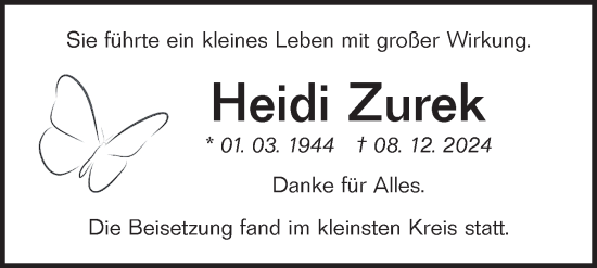 Traueranzeige von Heidi Zurek von Hohenloher Tagblatt