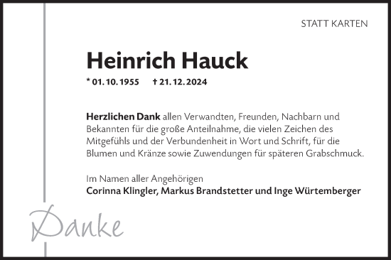 Traueranzeige von Heinrich Hauck von Hohenloher Tagblatt