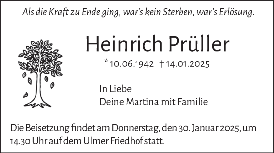 Traueranzeige von Heinrich Prüller von SÜDWEST PRESSE Ausgabe Ulm/Neu-Ulm