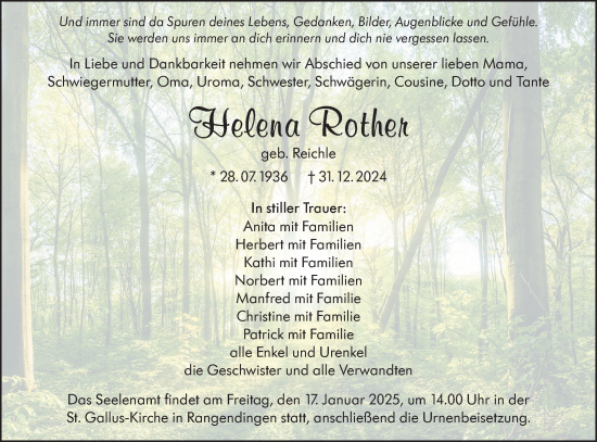 Traueranzeige von Helena Rother von SÜDWEST PRESSE Zollernalbkreis/Hohenzollerische Zeitung