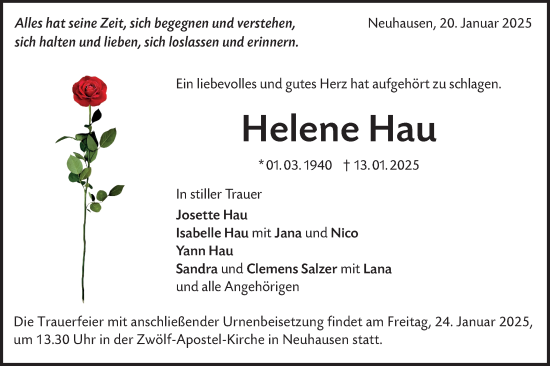 Traueranzeige von Helene Hau von Alb-Bote/Metzinger-Uracher Volksblatt