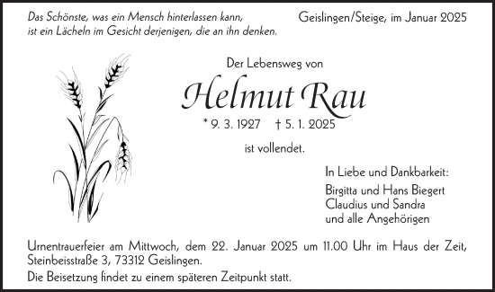 Traueranzeige von Helmut Rau von Geislinger Zeitung