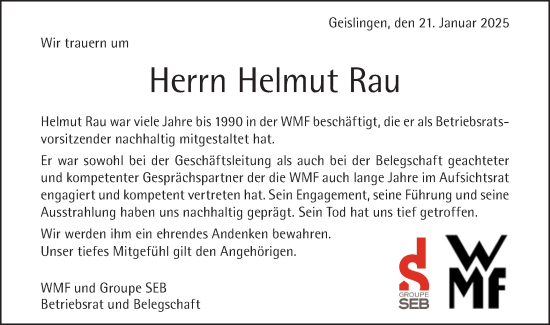 Traueranzeige von Helmut Rau von Geislinger Zeitung